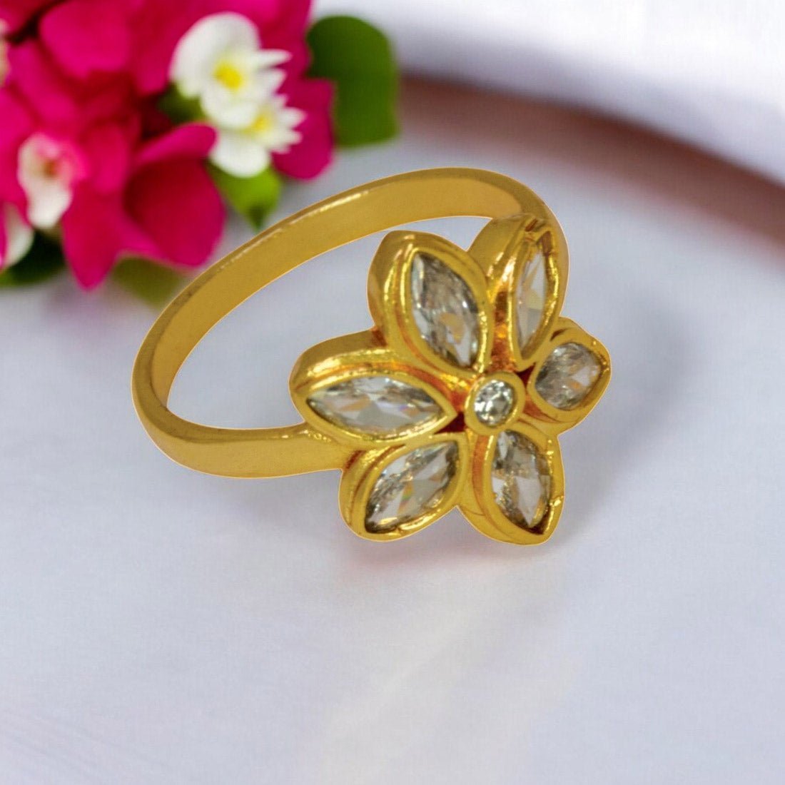 Floral Gold Plated Designer CZ Stone Ladies Finger Ring - KSupreme