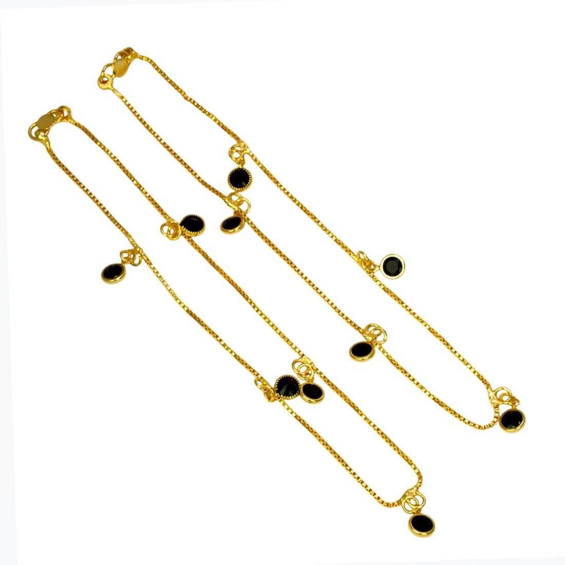 Gold Plated Black Crystal Hanging Box Chain Anklets showcasing gold and black stylish design.