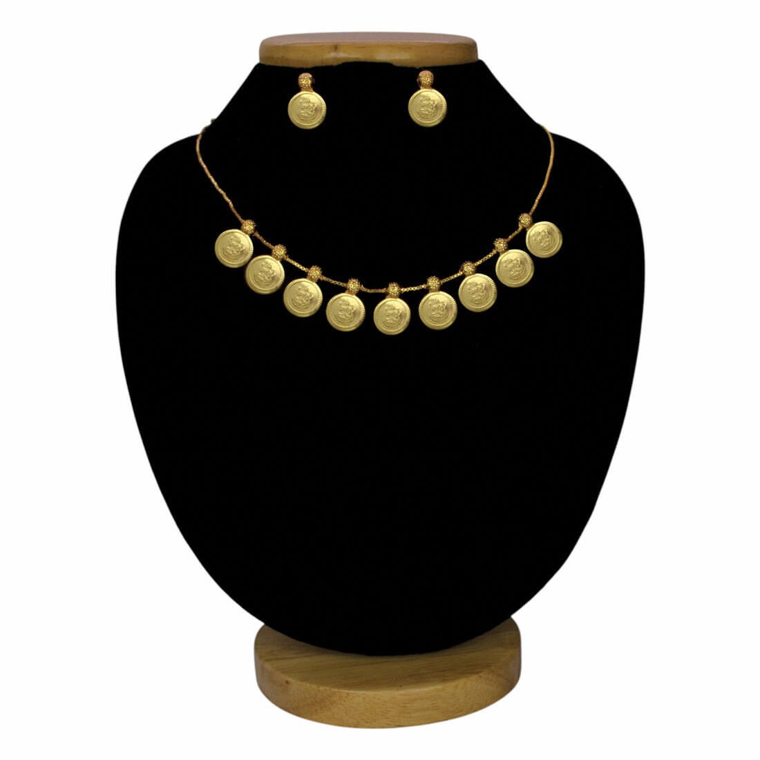 Gold Plated Lakshmi Coin Kasumala Cash Necklace Set displayed on a bust, showcasing traditional South Indian jewelry.