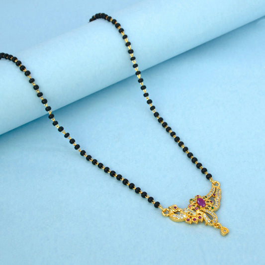Gold Plated Ruby Emerald and CZ Peacock Pendant Manglasutra