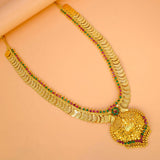 Gold Plated Ruby Emerald Lakshmi Kasu Haram With Pendant showcasing intricate design and vibrant gemstones.
