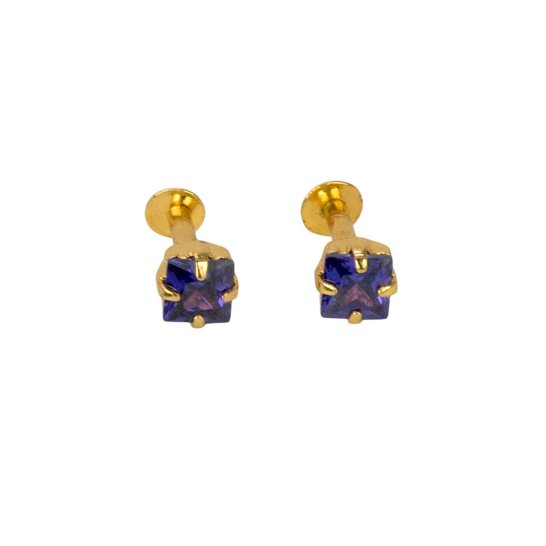 Gold Plated Square Blue CZ Stone Ear Stud | Second Stud | Nose Stud - KSupreme