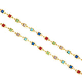 Gold Plated Square-Cut Multi-colour Stone Anklets featuring vibrant red, green, blue, turquoise, and lavender stones.
