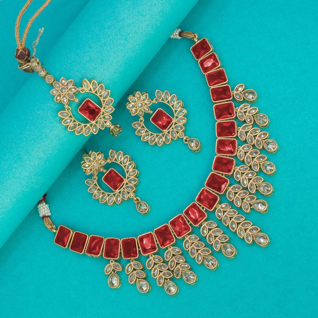 Gold Plated Stylish Square Cut Stone Necklace Set - K Supreme