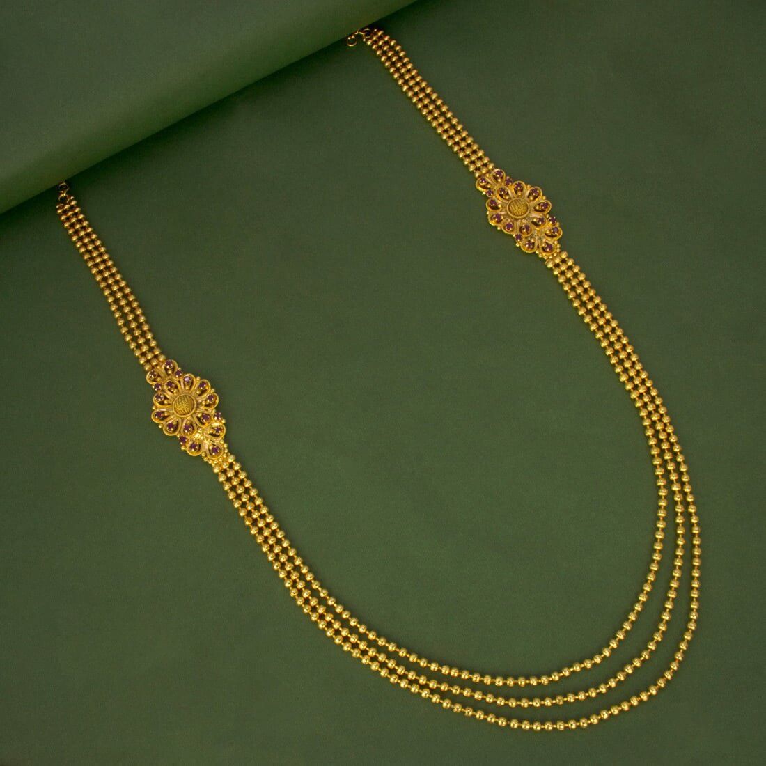 Gold Plated Three Strand Floral Double Side Mugappu Necklace - K Supreme