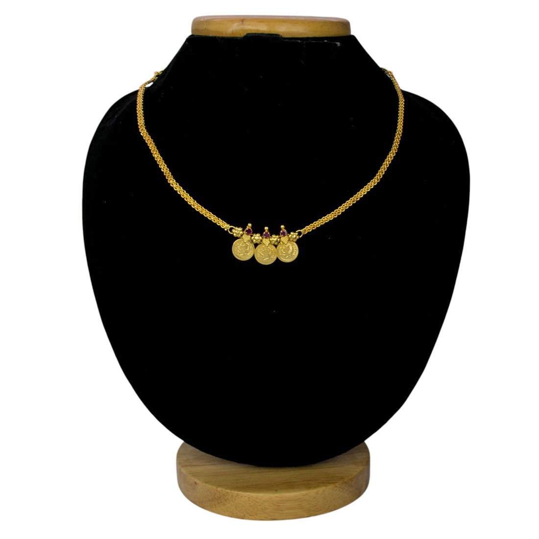 Gold Plated Triple Head Kasu/coin With Ruby Stone Necklace - KSupreme