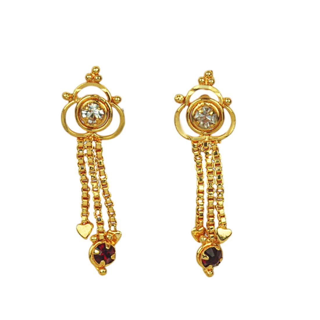 Gold Plated White and Maroon Stone Tassels Drop Earrings - KSupreme