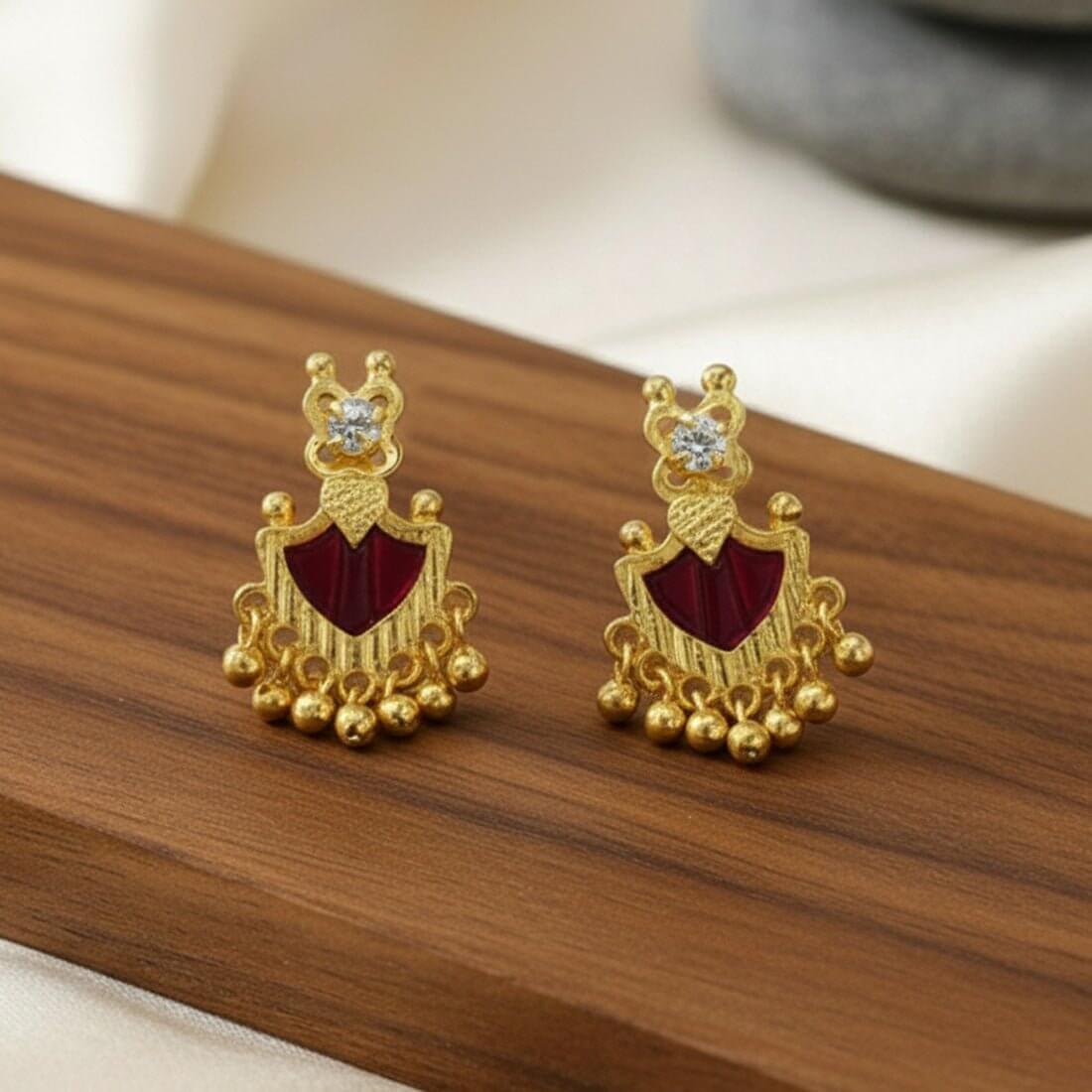 Gold Plated Beads Dangling Red Palakka Studs