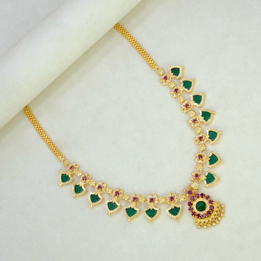 Kerala Gold Plated Palakka Necklace - 7 Stones - Green - K Supreme
