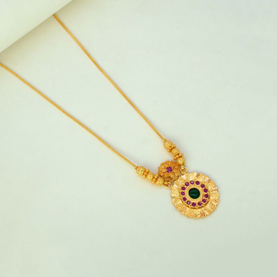 Kerala - Style Gold Plated Ruby Floral Pendant Necklace - K Supreme