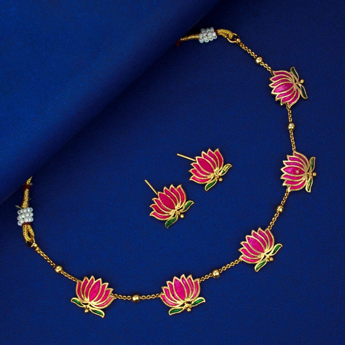 Lotus Design Matte Gold - Plated Beads Chain Necklace Set - KSupreme