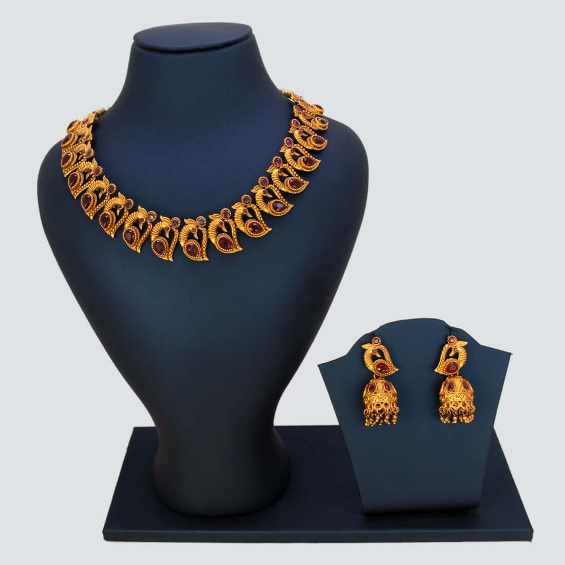 Matte Gold Plated Ruby Stone Peacock Necklace With Jhumka - K Supreme