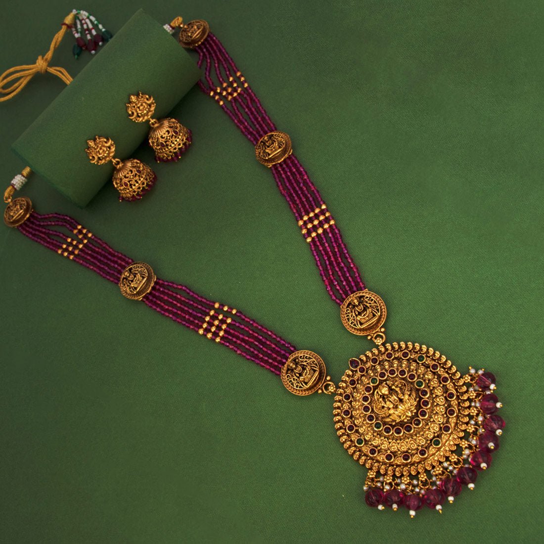 Multi - Strand Pink Hydro Beads Lakshmi Long Necklace Set - K Supreme