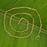 One Gram Gold Trendy Thin Figaro Unisex Sachin Chain showcased on a green leaf background.