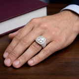 Premium Silver Plated Gent's CZ Stone Finger Ring worn on a hand with a refined finish, placed on a wooden surface.