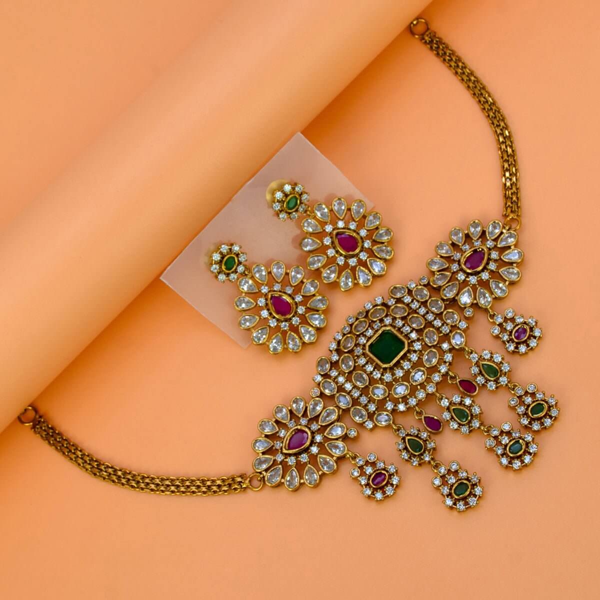 Sparkling Antique Gold Plated CZ Stone Floral Choker Set - KSupreme