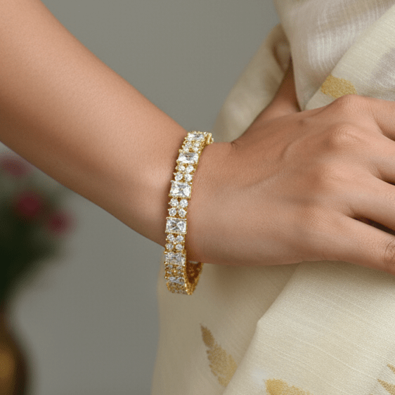 Splendid Gold Plated CZ Floral Stone Bangle - K Supreme