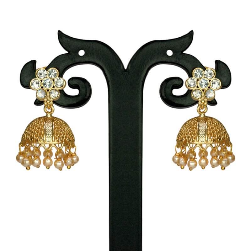 Stunning Gold Plated Floral White Stone Jhumka Earrings - K Supreme