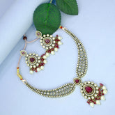 Stunning Wine Red Stone American Diamond Necklace Set - K Supreme