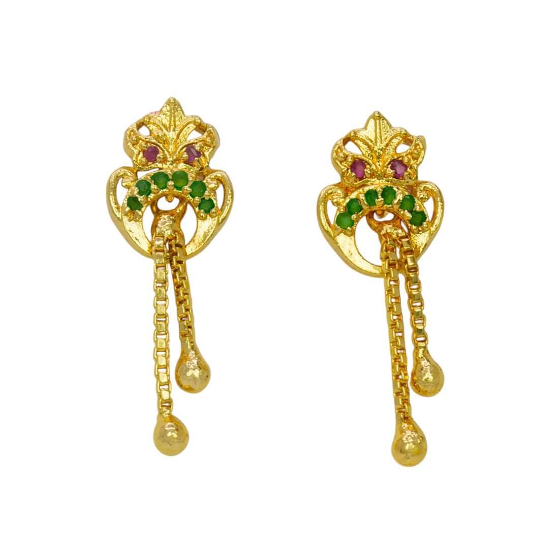 Stylish Gold Plated Box Chain Tassels Stone Earrings - Ruby Emerald