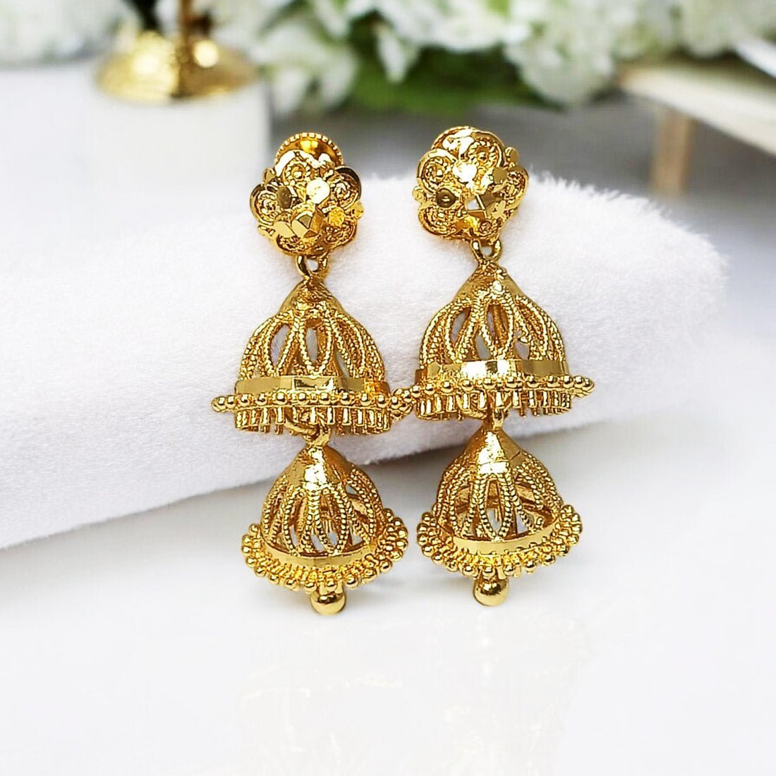 Stylish Gold Plated Two Step Filigree Jhumka Earrings - KSupreme