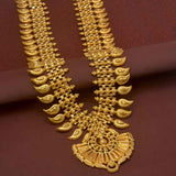Traditional South Indian Bridal Mango Long Chain Haram showcasing intricate gold-plated design on a maroon background.