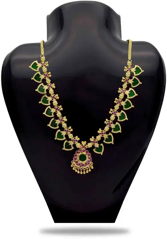 Gold-Plated-Traditional-Indian-Green-Palakka-Necklace-8 Stones