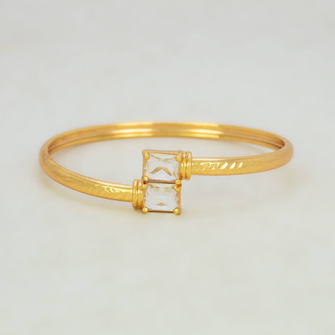 Gold Plated Dual Rectangle Stone Cuff Bangle - Crystal Clear