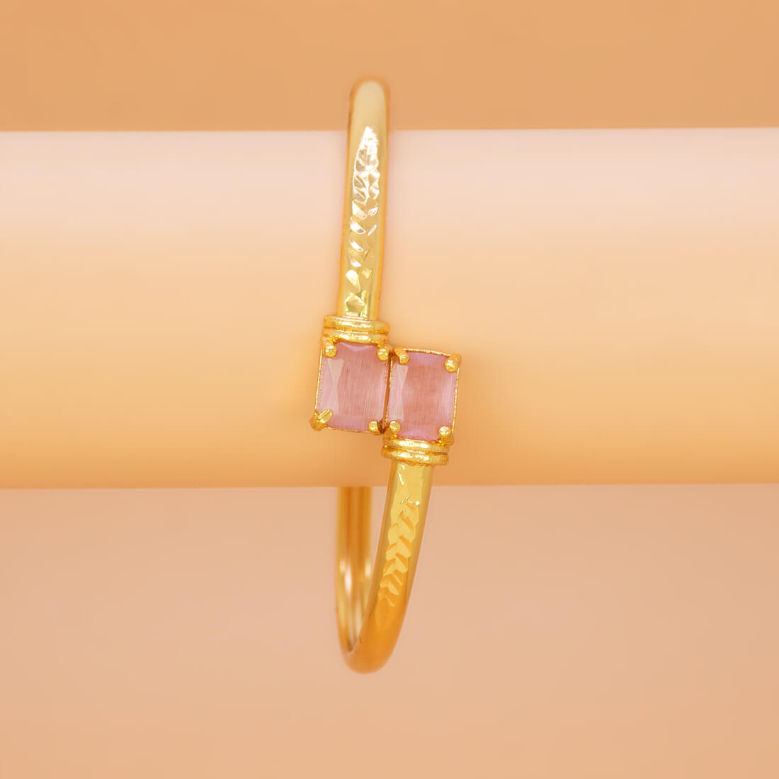 Gold Plated Dual Rectangle Stone Cuff Bangle - Pink