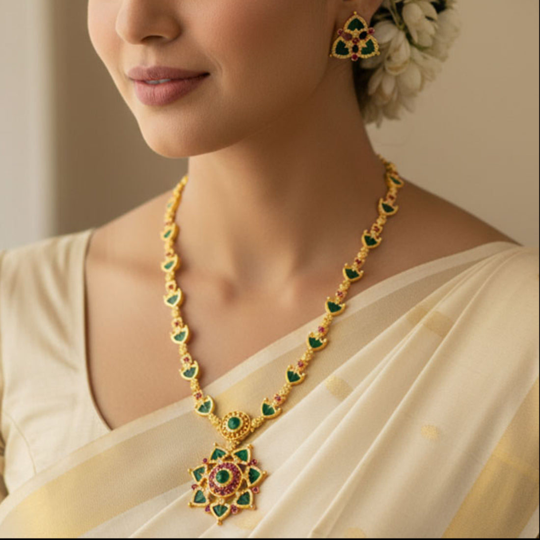 Kerala Traditional Floral Pendant Palakka Long Necklace