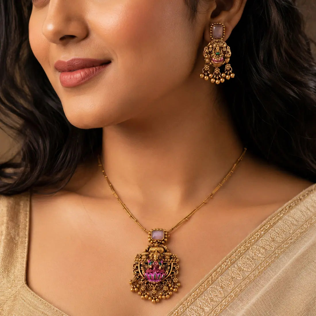 Pink Stone Antique Lakshmi Pendant Necklace Set