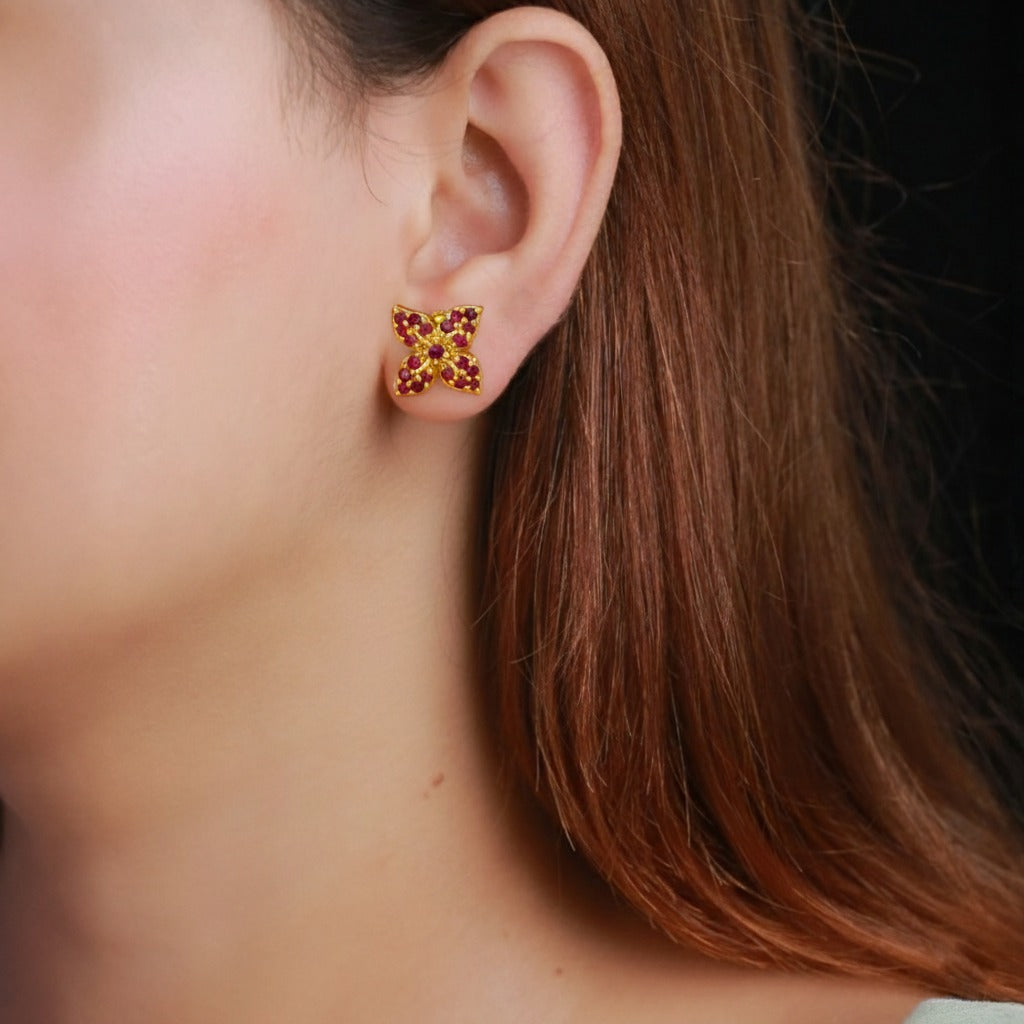 Stunning Gold Plated Ruby Floral Stud Earrings