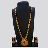 Antique Temple Floral Kemp Stone Long Chain Set displayed with jhumka earrings, showcasing intricate design and vibrant stones.