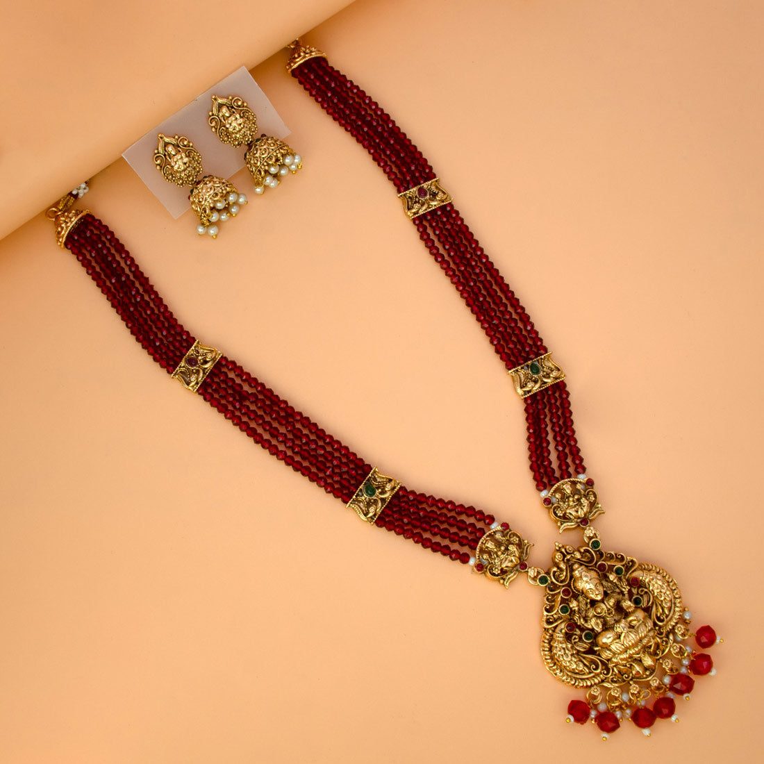 Antique Gold Lakshmi Pendant Beaded Long Necklace Set
