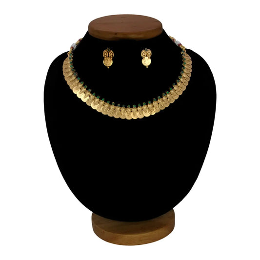 Antique Gold Plated Green Stone Lakshmi Coin Necklace Set
