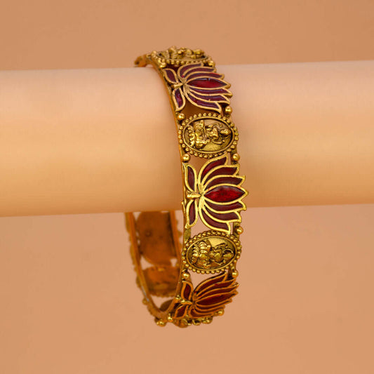 Ethnic Antique Gold Plated Lakshmi Lotus Bangle - Red