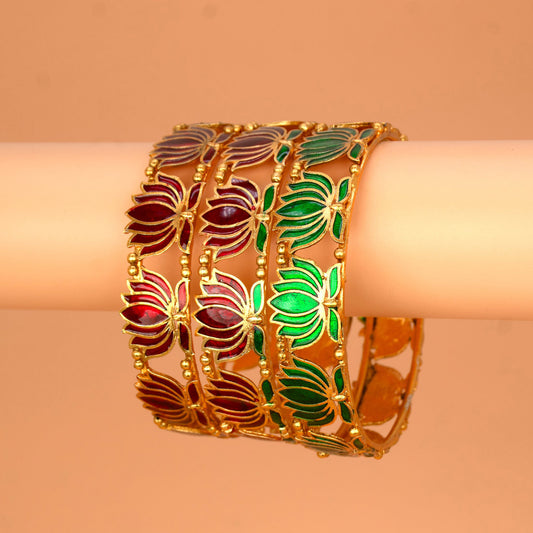 Matte Gold Plated Lotus Enamel Bangle with intricate lotus motifs in red and green enamel.