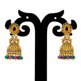 Small Antique Gold Plated Twin Peacock Stone Jhumkas featuring intricate designs and colorful beads.