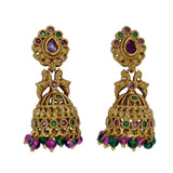 Small Antique Gold Plated Twin Peacock Stone Jhumkas with intricate design and colorful stones.