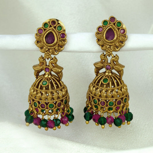 Small Antique Gold Plated Twin Peacock Stone Jhumkas with intricate design and colorful beads.