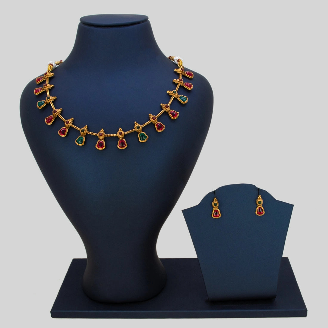 Antique Gold Plated Kemp Stone Bell Necklace Set - Multi colour