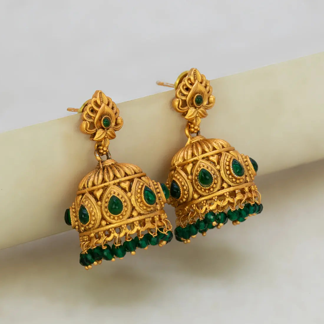 Antique Matte Kemp Stone Crystal Hanging Jhumka -Green