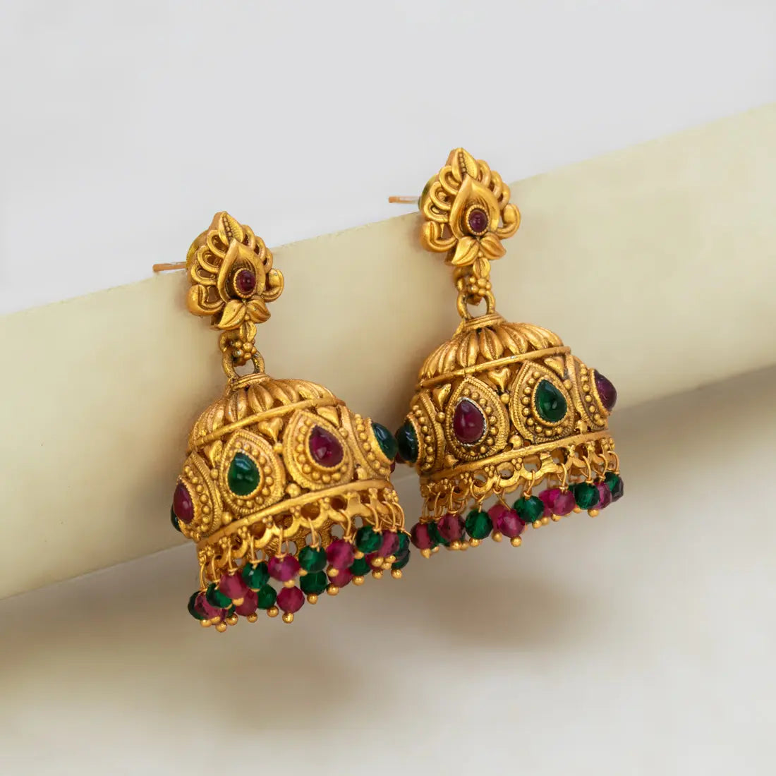 Antique Matte Kemp Stone Crystal Hanging Jhumka -Multi-Colour