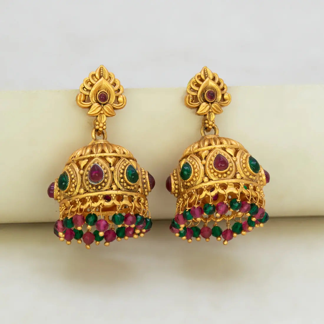 Antique Matte Kemp Stone Crystal Hanging Jhumka -Multi-Colour