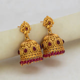 Antique Matte Kemp Stone Crystal Hanging Jhumka -Ruby Red