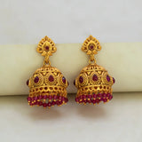 Antique Matte Kemp Stone Crystal Hanging Jhumka -Ruby Red