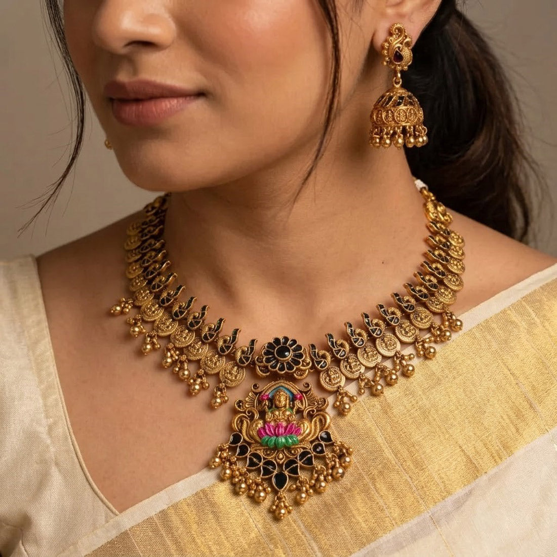 Antique Gold Lakshmi Black Enamel Necklace Set