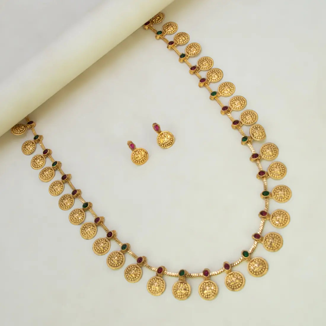 Traditional Antique Lakshmi Kasu Kemp Long Chain Set featuring gold Goddess Lakshmi coins and colored Kemp stones.