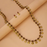 Antique Kemp Stone Lakshmi Kasu Long Necklace Set - Red