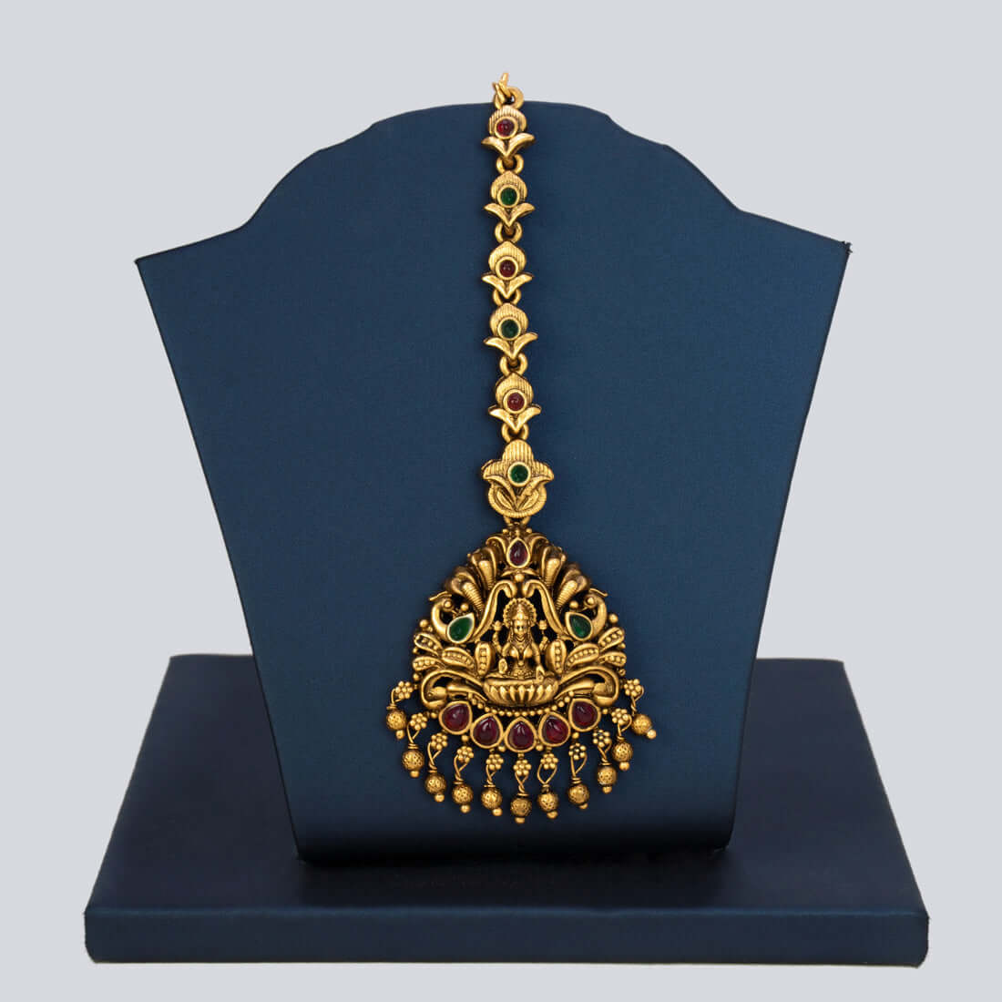 Antique Lakshmi Peacock Kemp Stone Maang Tikka -Multicolour